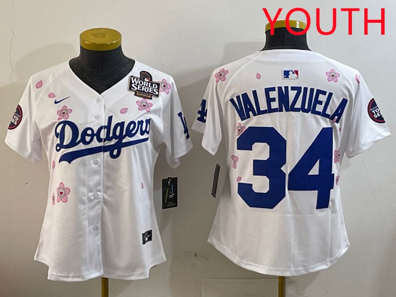 Youth Los Angeles Dodgers #34 Valenzuela White Sakura Edition 2025 Nike MLB Jersey style 2->youth mlb jersey->Youth Jersey